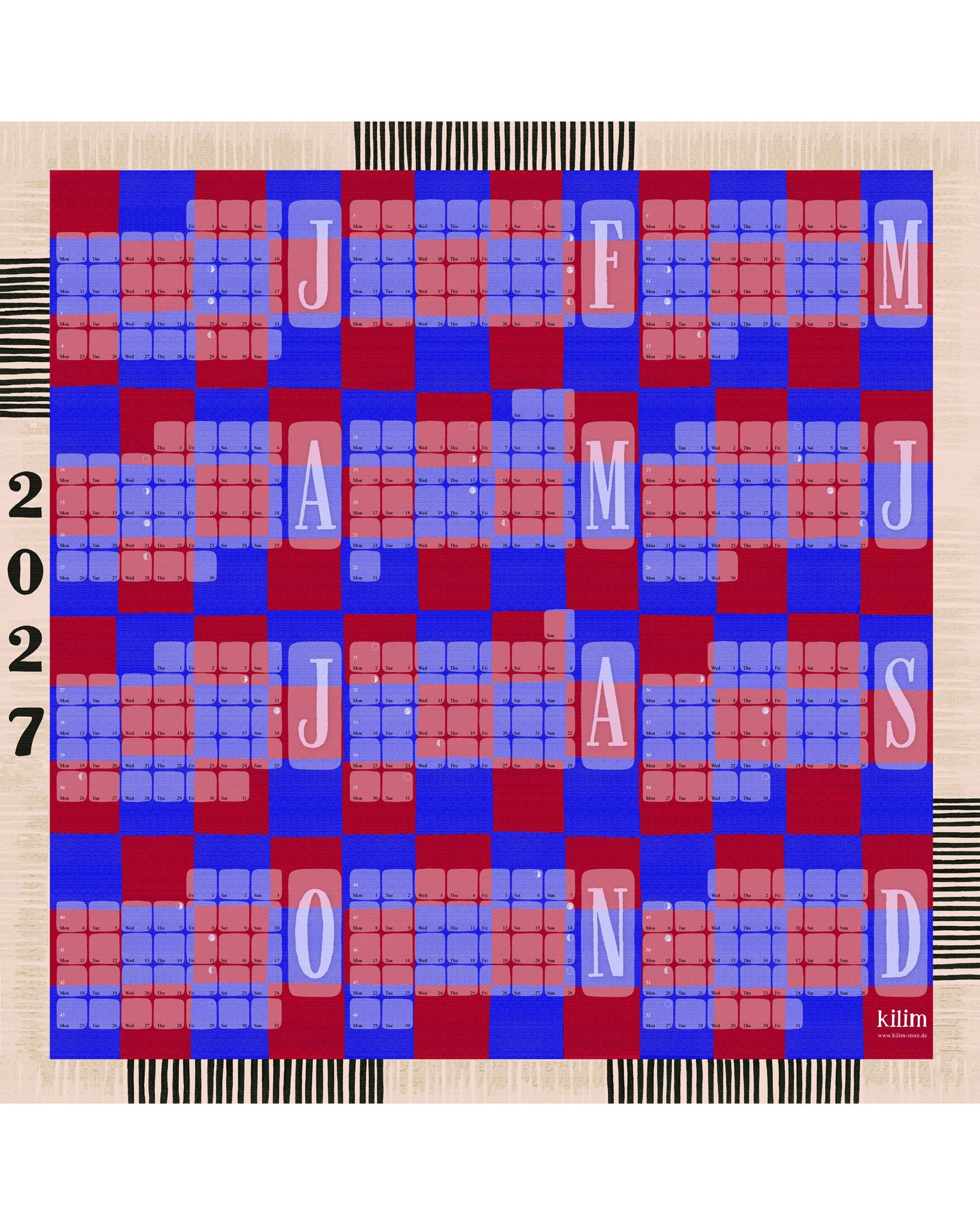 Fine Art Wandkalender // Kilim Karo blau rot - Kilim
