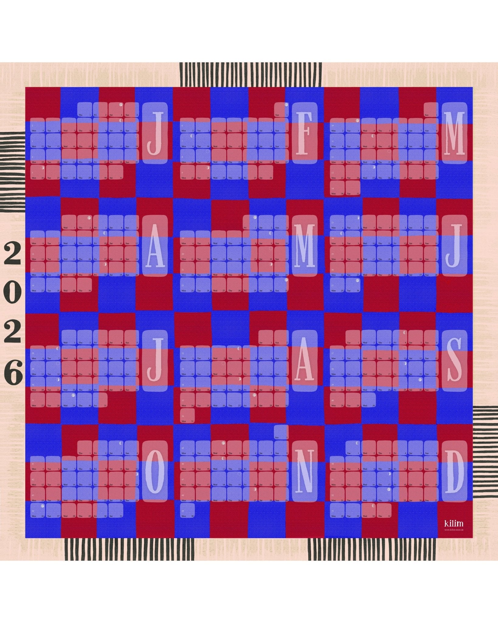 Limitierter Wandkalender // Kilim Karo blau rot - Kilim